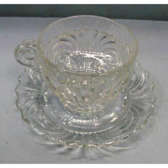 6 Vintage Cambridge Caprice Crystal Clear Glass Cup & Saucer Set - Picture 2 of 7